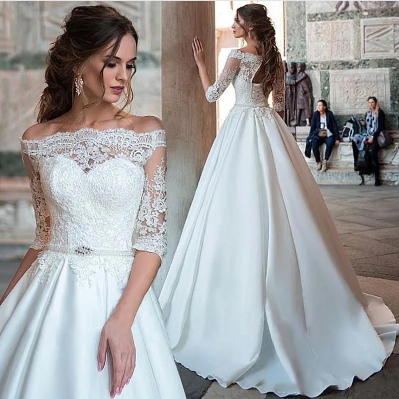 

VENSANAC Boat Neck Lace Appliques A Line Wedding Dress Illusion Half Sleeve Crystal Sash Sweep Train Bridal Gown