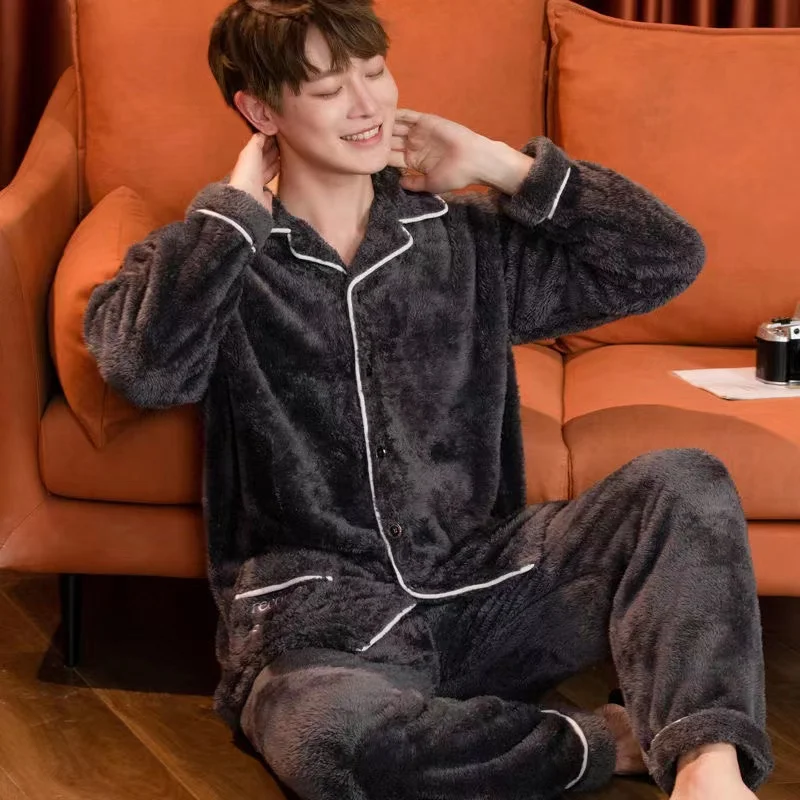 Pajamas Sets Men Winter Thicken Warm Pyjamas Plus Size Coral Fleece Long Sleeve Trousers Homewear Soft Sleepwear Home Clothes