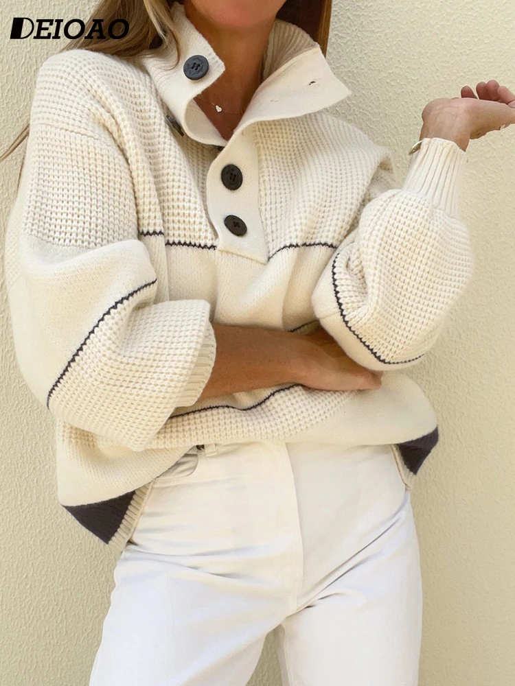 

Deioao Panelled Sporty Sweater Women Stripe Turtleneck Button Long Sleeve Female Pullover 2023 Autumn Lady Loose Sweater Shirt