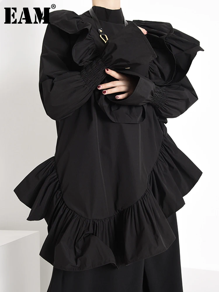 

[EAM] Women Black Ruffles Irregular Blouse New Stand Collar Long Sleeve Loose Fit Shirt Fashion Tide Spring Autumn 2022 1Z19901