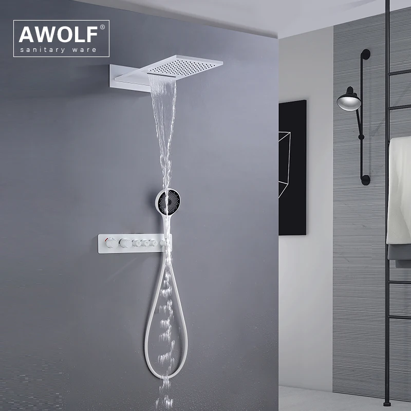 Фото Термостатическая Душевая система Awolf AH3063, черная, белая, твердая, латунь, настенное крепление, встраиваемый хромированный, для ванной комнат... №5