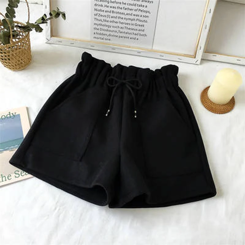 2023 New High Waist Wide Leg Black Brown Shorts Women Spring Autumn Solid Color Short Casual Ladies Woolen Shorts Elastic