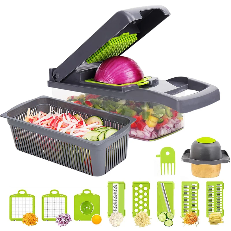 LMETJMA 11 in 1 Vegetable Chopper Fruit Slicer Mandoline Slicer Cutter with Drain Basket Potato Onion Chopper Dicer KC0430