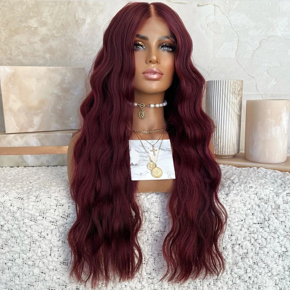

28 Inch Loose Deep Wave Synthetic Lace Wigs for Black Women Lace Front Wig Burgundy Wine Red Glueless Heat Resistant Hair Wig