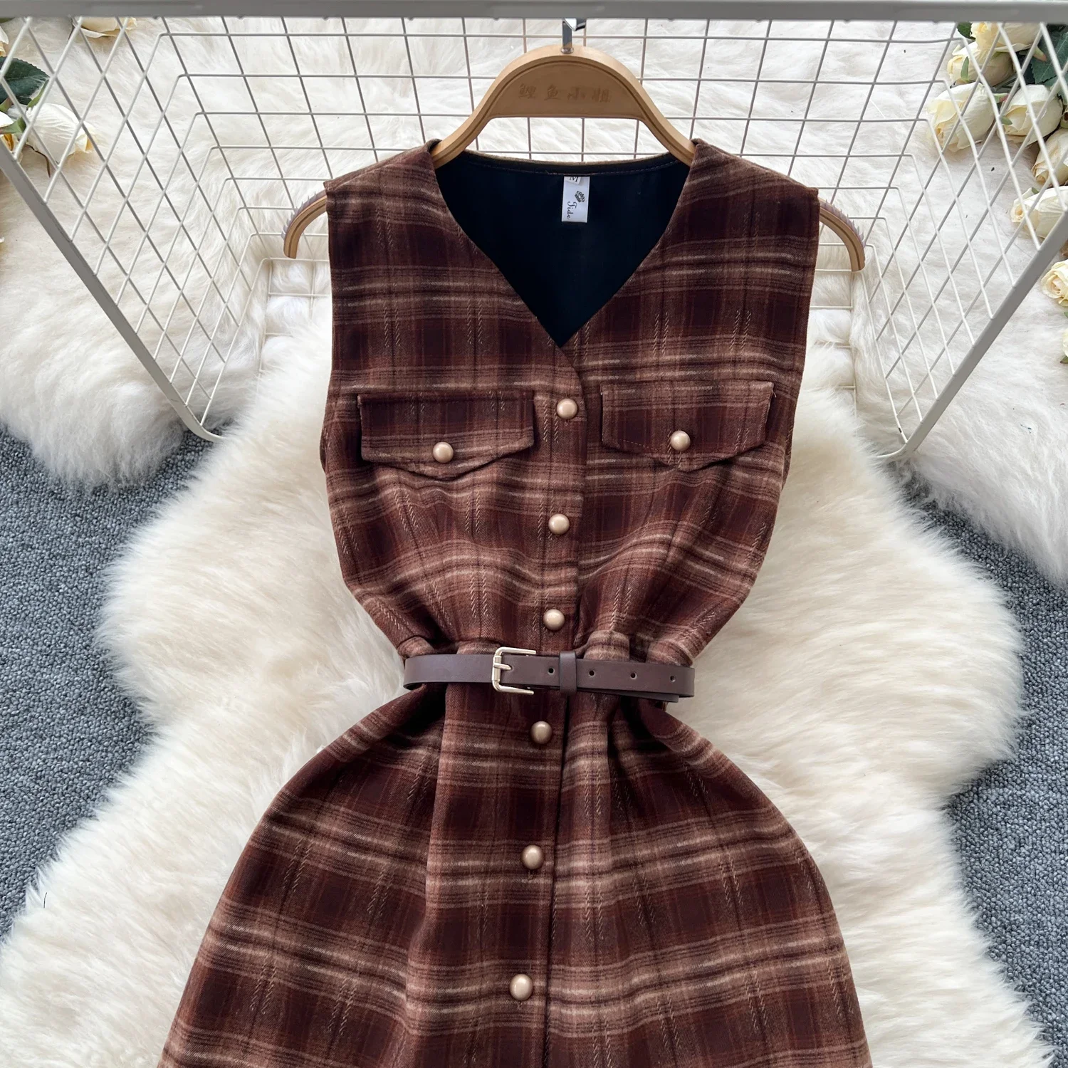 Шерстяное платье во французском стиле ретро женское однобортное клетчатое без