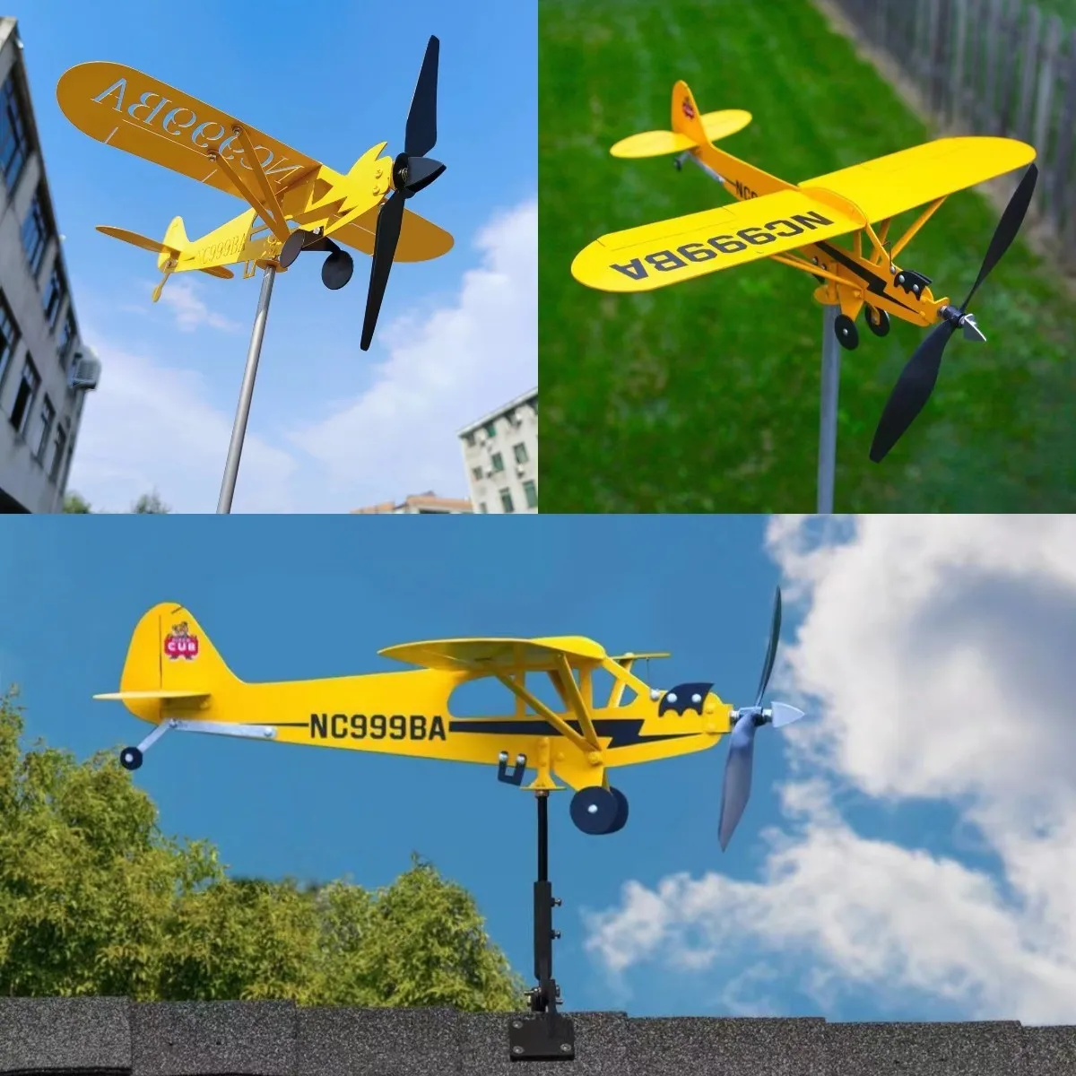 3D Piper J3 Cub Wind Spinner Flugzeug Metall Flugzeug Wetterfahne Outdoor Dach Wind Richtung Anzeige Wetterfahne Garten Decor
