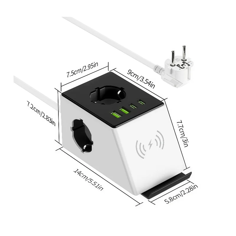 

Розетка для беспроводной зарядки мобильного телефона Type-C * 2 Usb * 2 Быстрая зарядка Европейский стандарт Портативная розетка для офиса и дома с 6 голками