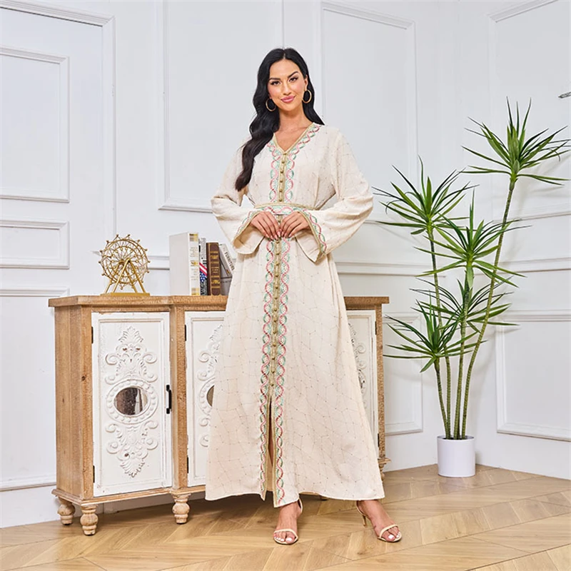 

Middle East Dubai Moroccan Muslim Women Robe Embroidered Belt Fashion Party Dress Eid Ramadan Gulf Jalabiya Kaftan Abaya Vestido