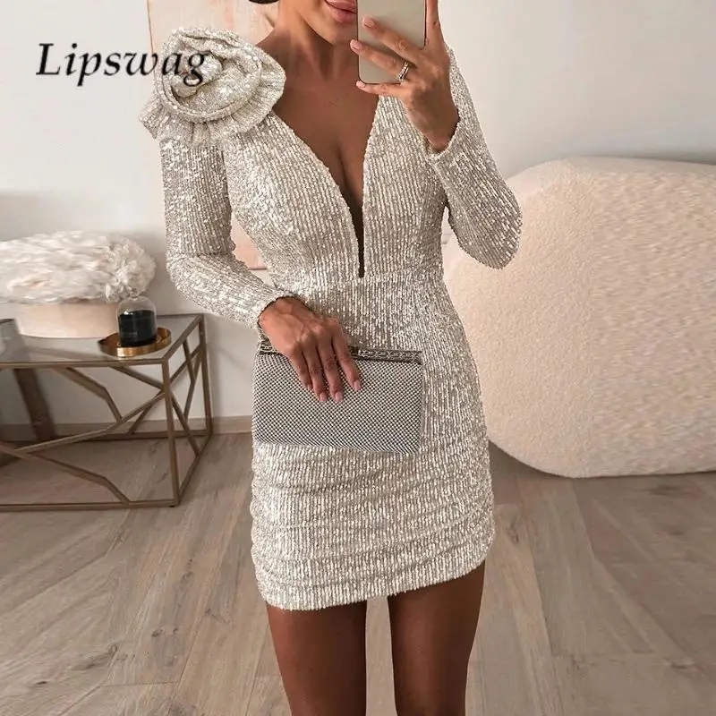

Fashion Flower Pleated Hip Wrap Dress Autumn Deep V Neck Long Sleeve Sequin Mini Dress Sexy Lady Mesh Splicing Party Club Dress