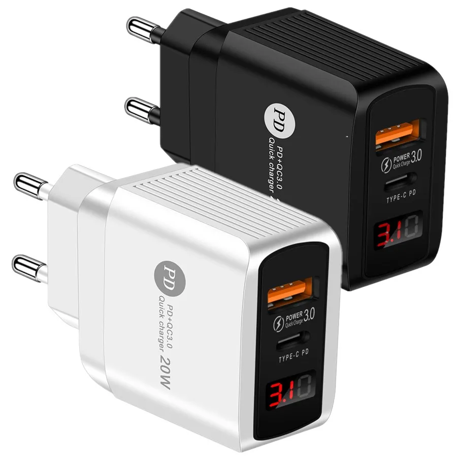 

10pcs 20W USB-C Quick Charger QC 3.0 Dual Ports with LED display For iPhone 12 13 Huawei Xiaomi Samsung Fast Charge Wall Adapter