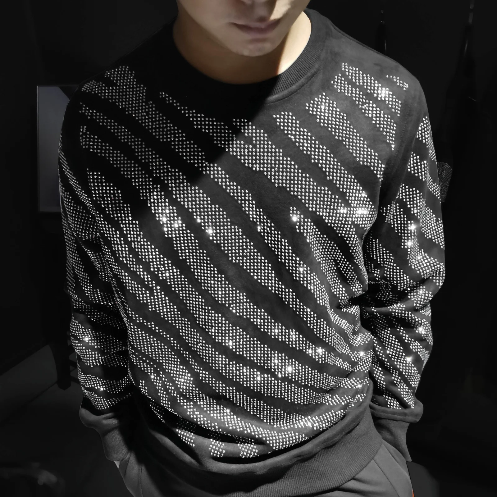 

Пуловер мужской в стиле хип-хоп, винтажная уличная одежда, Клубная одежда, роскошная черная футболка с блестками и принтом зебры, для сцены
