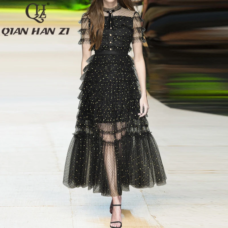 

Дизайнерское модное элегантное женское платье QHZ, винтажное Сетчатое длинное облегающее платье с вышивкой в горошек и каскадными оборками