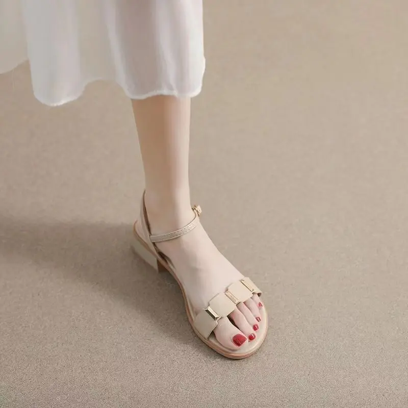 Summer 2023 New Sandals Flat bottoms Versatile thick heels Breathable fashion temperament One word Caligae Simple women's shoes