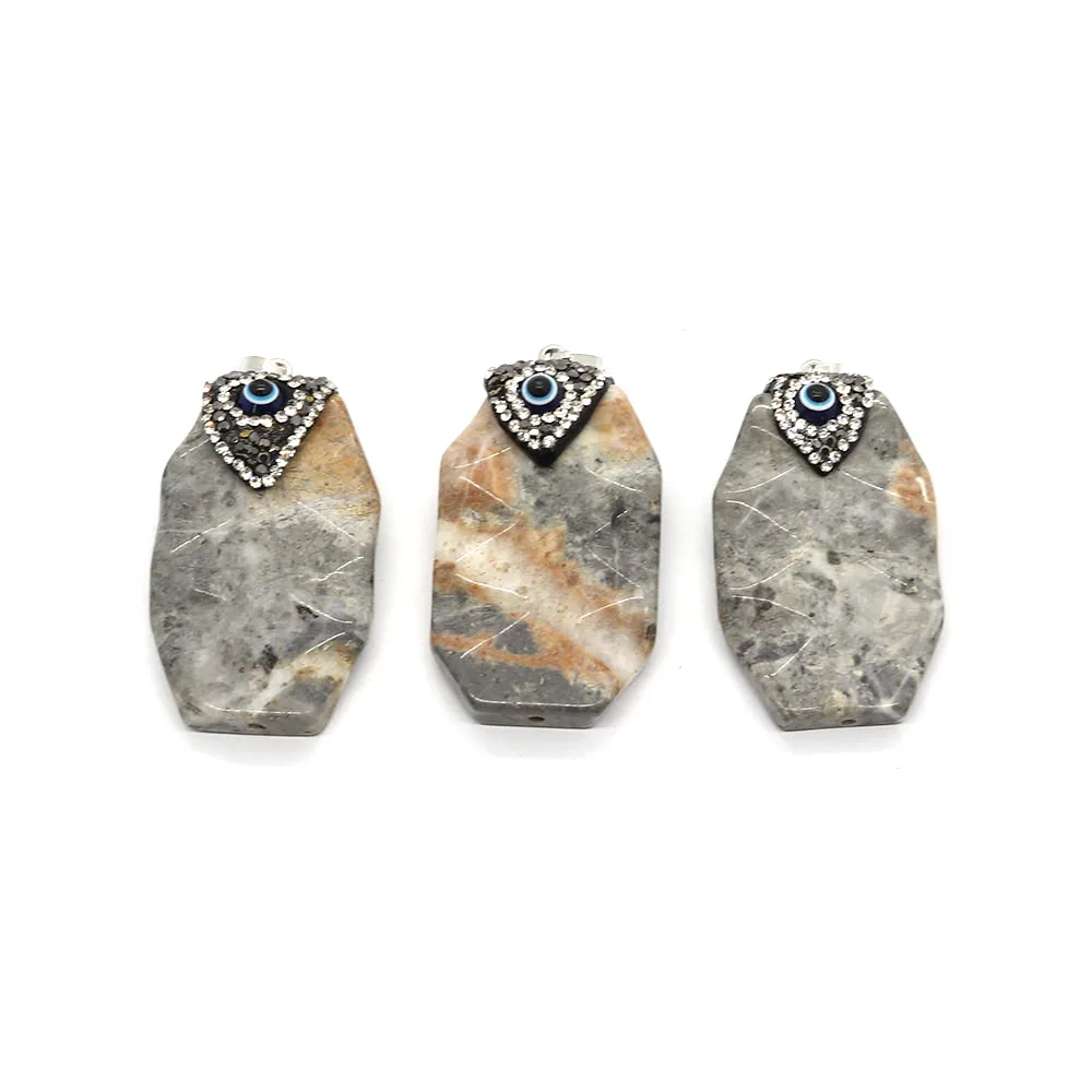 

1pc 28x50mm Geometric Shaped Natural Semi-precious Stone Evil Eye Agate Pendants Agate with Rhinestone DIY for Making Necklace