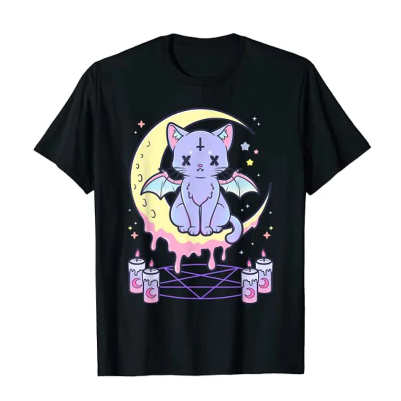 

Kawaii pastel Goth cute жуткая черная футболка с котом Летняя женская необычная уличная хлопковая футболка с коротким рукавом