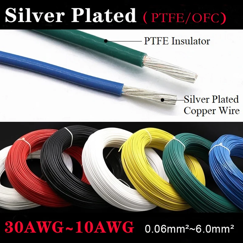 

5M Silver Plated PTFE Wire High Purity OFC Copper Cable HiFi Audio Speaker Headphone DIY 10/11/13/14/15/18/20/22/24/26/28/30 AWG