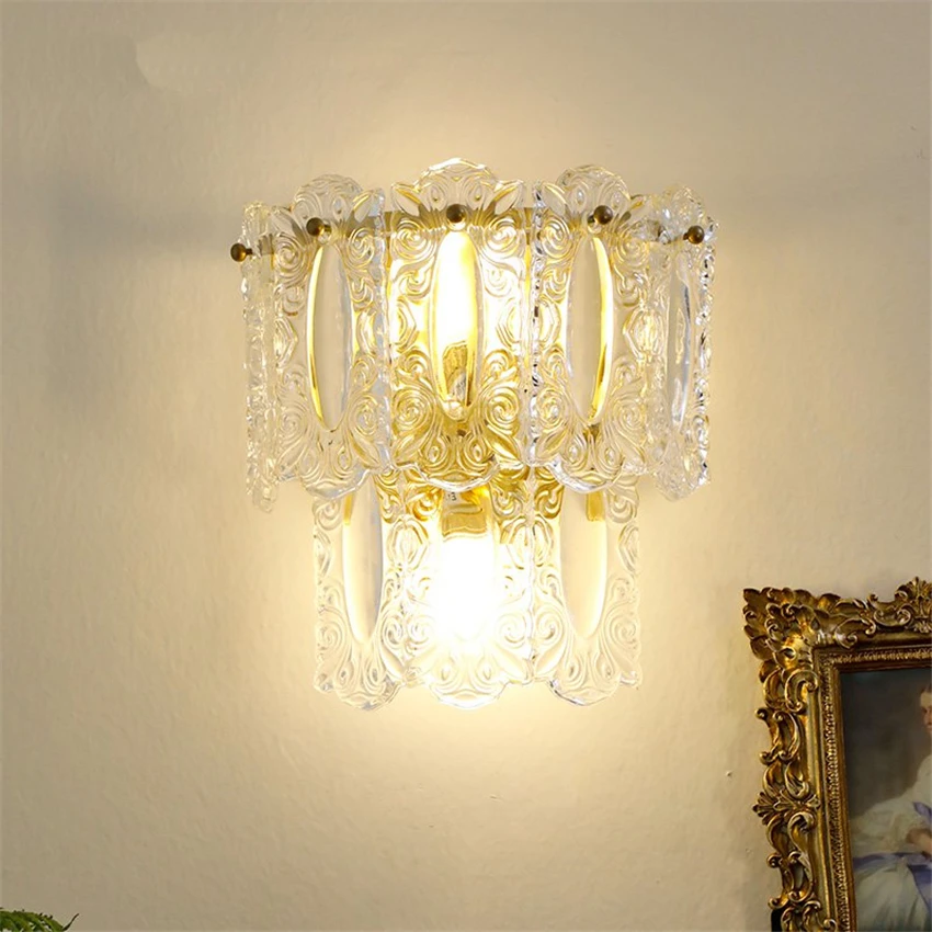 

French Classical Glass Wall Lamps Living Room Vintage Art Deco Lighting Dining Room Hallway Hotel Bedroom Bedside Study Lights