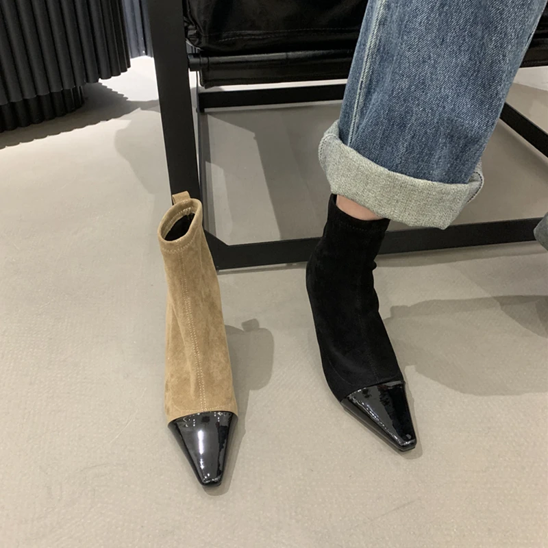 

SUOJIALUN 2023 Winter New Women Ankle Boots Fashion Mix Color Ladies Elegant Ankle Boots Thin High Heel Outdoor Dress Pumps Shoe
