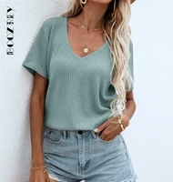 boozrey waffle knit v neck solid tee woman t shirt summer casual soft bottoming tees female loose short tops 2022 women clothing