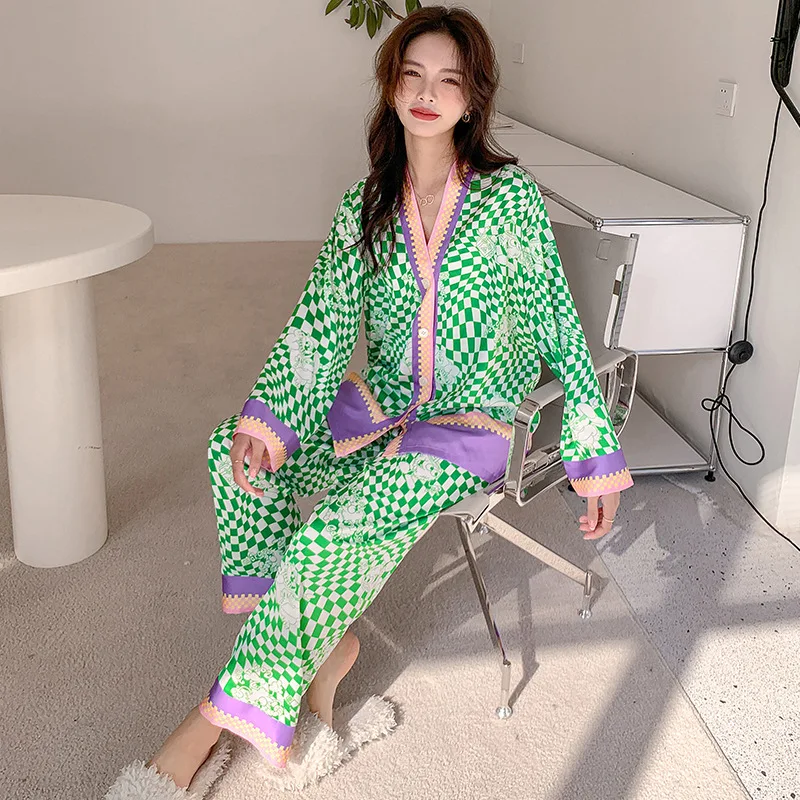 2022 New Women's Pajamas Set Splicing Plaid Design Summer Ice Silk Homewear Silk Like Sleepwear Casual Nightie V Neck Nightwear