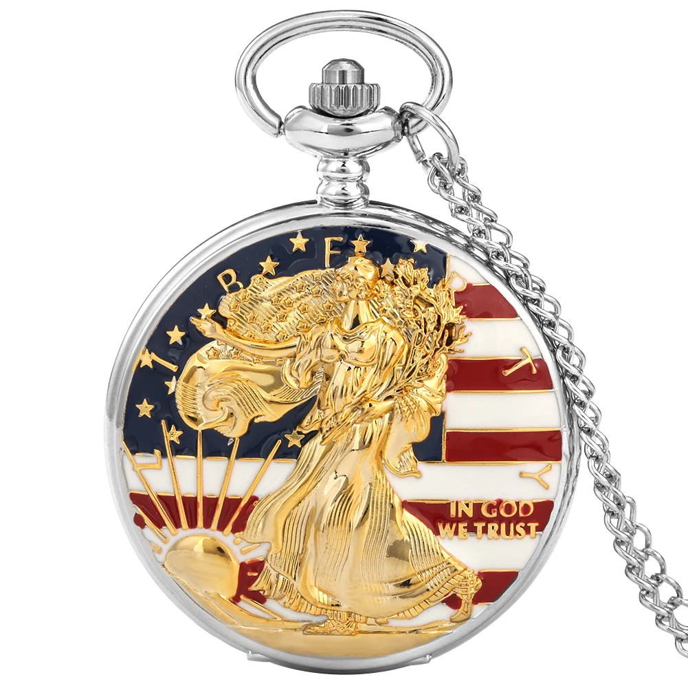

Часы наручные для мужчин и женщин, серебристые кварцевые наручные часы с цепочкой, с изображением статуи Свободы и американского флага, 2022