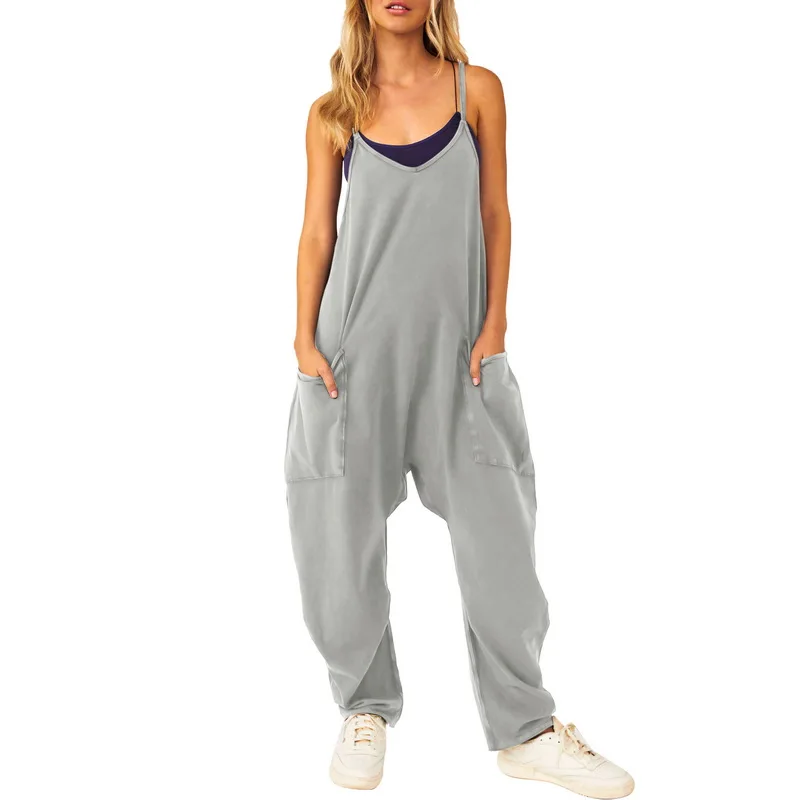 Women Summer Casual Jumpsuit Sleeveless Loose Wide Leg Rompers With Large Pocket Homewear One Piece Outfit Clothes