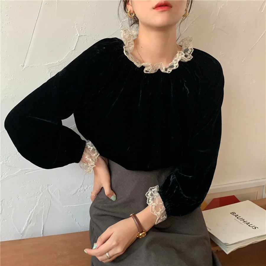 

Autumn Winter Womens Blouses and Tops Elegant Korean Long Sleeve Lace Trim Stand Collar Solid Color Ladies Office Blusas