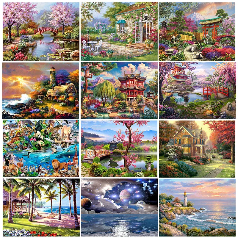 

Village Landscape Diy 5D Diamond Painting Full Round Mosaic Scenery Diamond Embroidery Picture Rhinestone Home Decor Art Gift