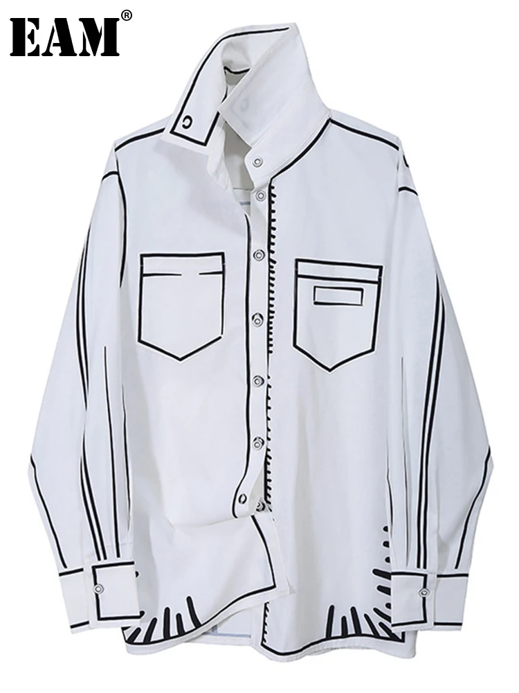 EAM-Blusa de manga larga holgada para mujer, camisa holgada con estampado de patrón blanco, talla grande, para primavera y otoño, 2022, 1DD0074