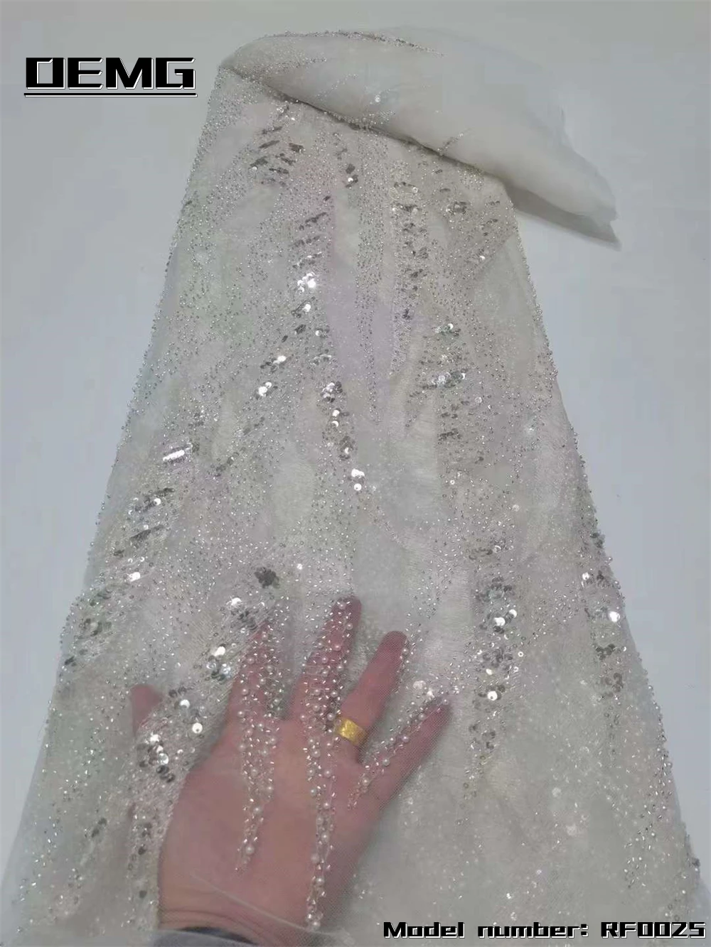 

OEMG African Luxury Handmade Tulle Beads 5 Yards Fabric High Quality Embroidered Sequins Lace Swiss Bride Dress Sewing RF0025