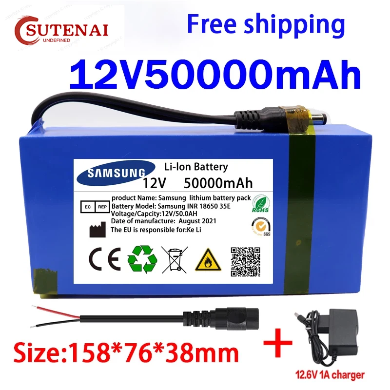 

100% New Portable 12v 50000mAh Lithium-ion Battery pack DC 12.6V50Ah battery With EU Plug+12.6V1A charger+DC bus head wire