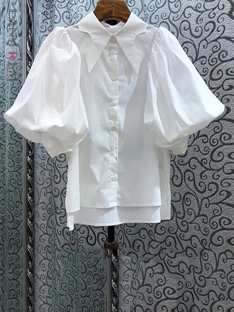 

LANMREM Short Puff Sleeve Shirt For Women 2022 Summer New Korean Style Solid Color Single Breasted Shirt Trendy Clothing 2R1949