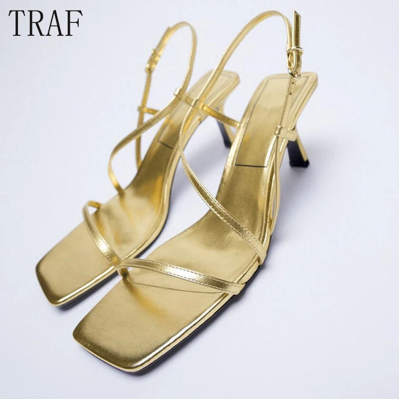 

TRAF Zar 2022 Gold Heels Fashion Straps Buckle High Heeled Party Shoes Woman Square Toes Slingbacks Sandals Elegant Pumps