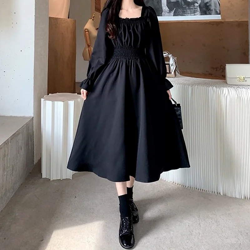 QWEEK abito nero Vintage donna francese elegante collo quadrato manica lunga abito longuette 2021 autunno donna abiti retrò Chic coreano