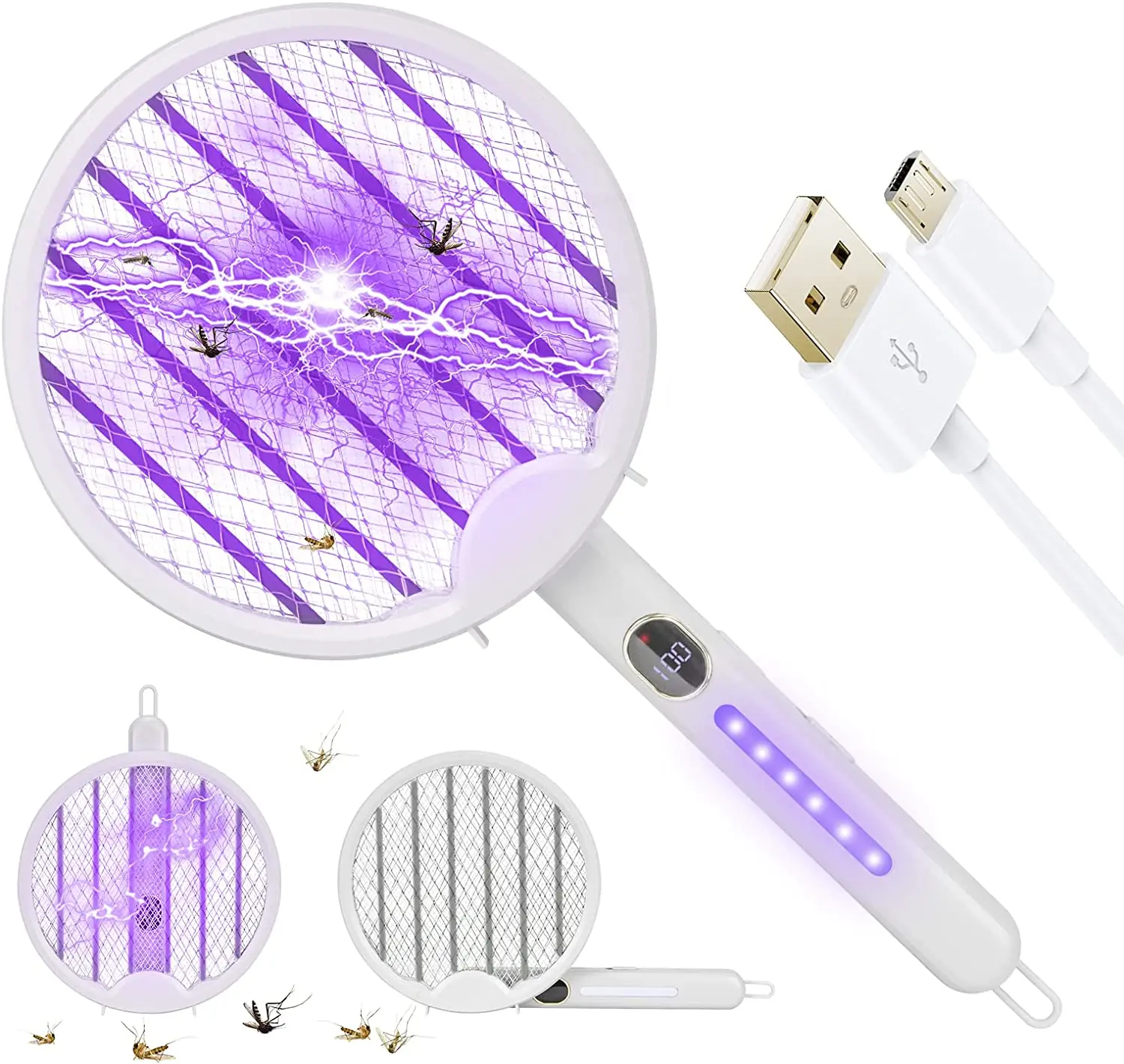 

Fly Swatter,3000V Foldable Racket Dual Modes with Purple Mosquito Light Rechargeable for Indoor&Outdoor Home,Patio Camping,Pow