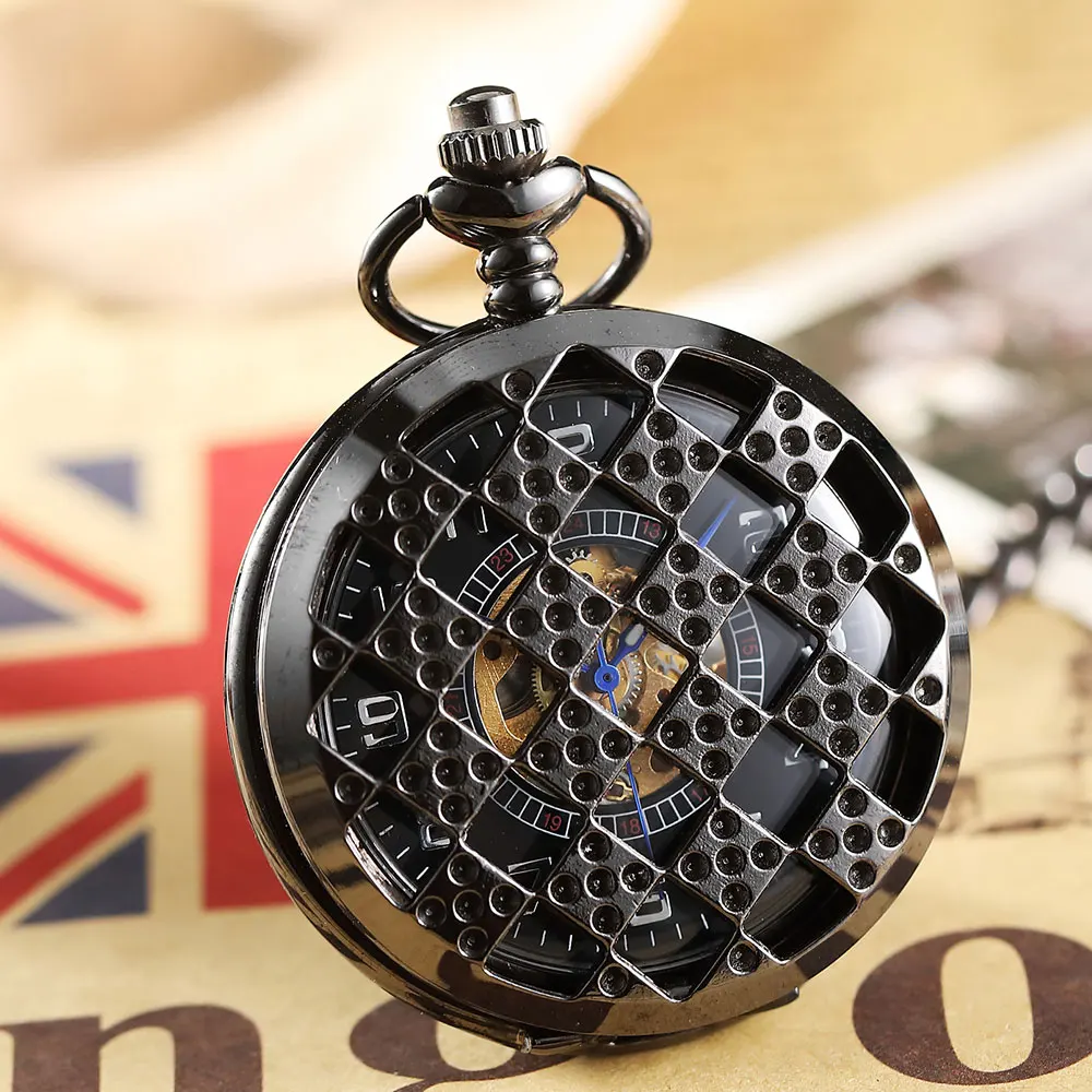 Black Hollow Case Mechanical Hand-winding Pocket Watch Men Flip Fob Chain Necklace Clock Mens Watch reloj de bolsillo