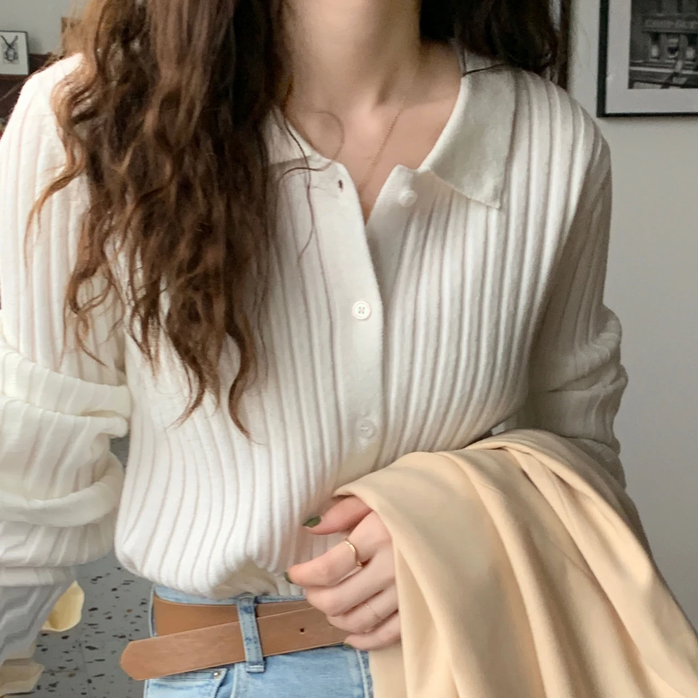 

2022 Autumn Fashion Turn-down Collar Knitted Cardigan Women Solid Color Long Sleeve Slim Sweater Coat Ladies Soft Knit Cardigans