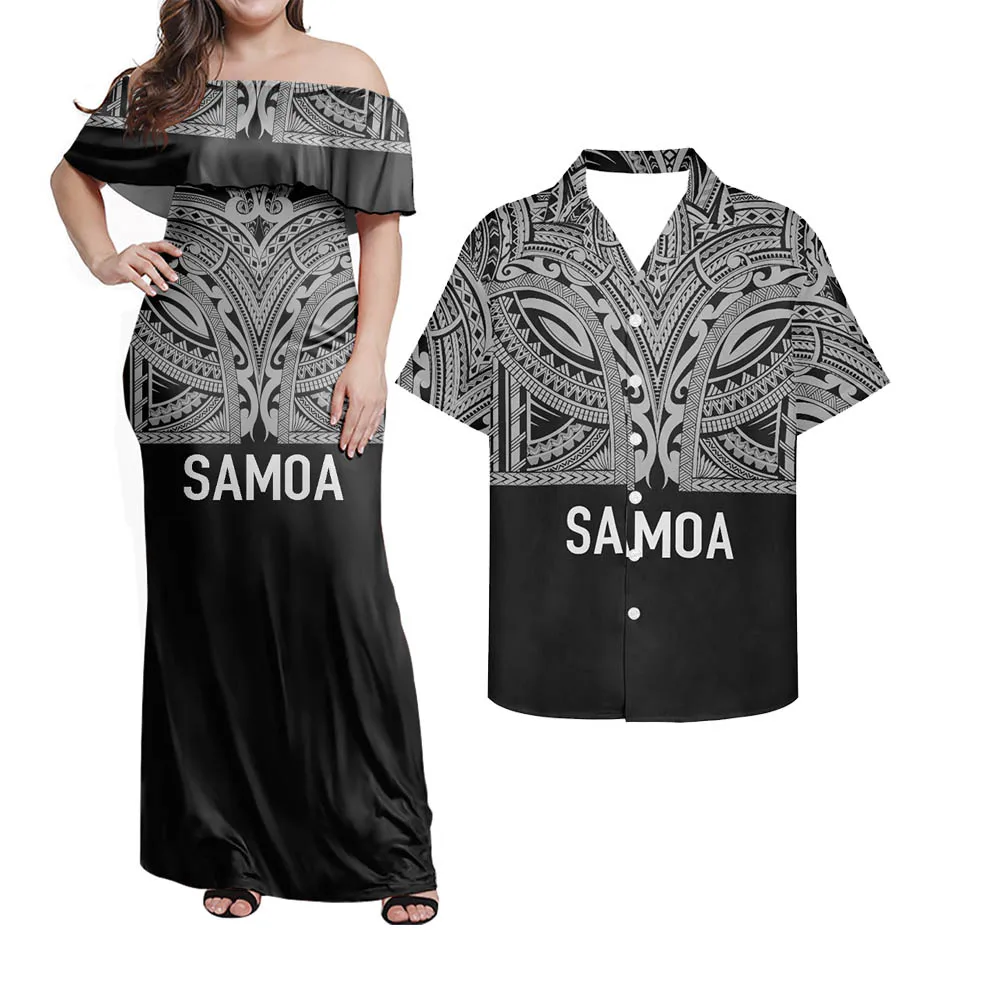 

HYCOOL Samoan Island Ethnic Black Dress Women Off Shoulder Girls Summer Dresses 2022 Fashion Party Casual Maxi Dress Couple Set
