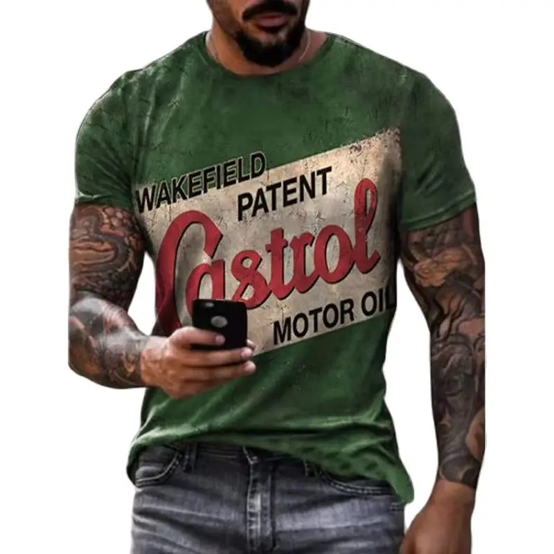 

Men's retro T-shirt 3d Castrol printed short sleeve letter top fashionable oil T-shirt men's motorcycle large T-shirt