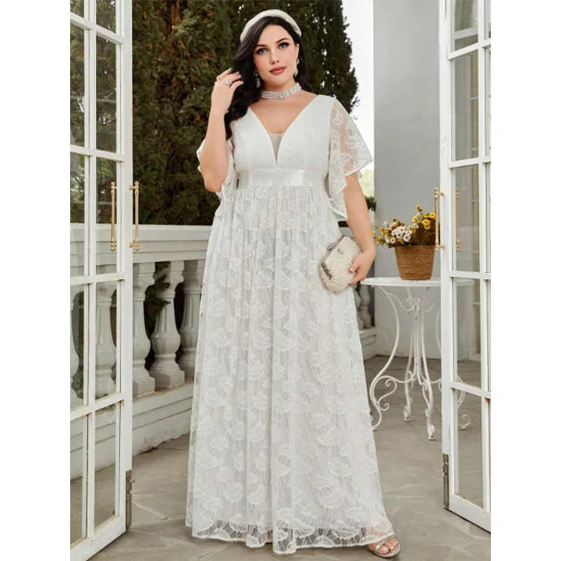 Plus Size White Lace Wedding Dress 4XL 5XL Elegant Chiffon V Neck Short Sleeve Plus Size Bridesmaid Prom Festival Women's Dress