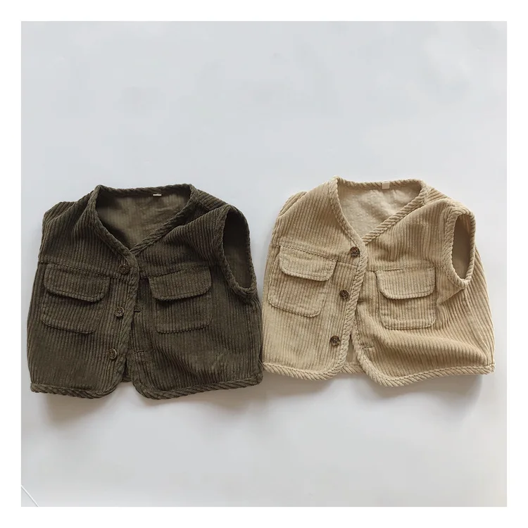 

Children's vest 2022 spring and autumn new Japanese striped velvet pocket sleeveless vest boys and girls corduroy vest