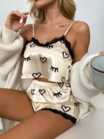 2022 new fashion heart eyelash print contrast lace cami top shorts pj setladies underwear pajamas fashionable womens su