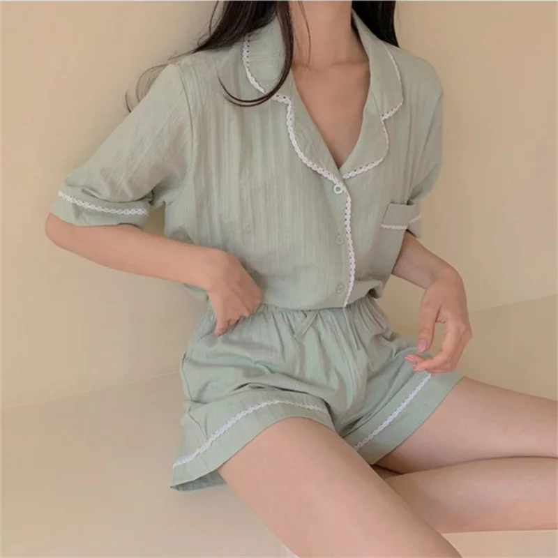 Korean Green Summer Pajamas Set Women Single Breasted Shirts + Shorts Set Two Piece Home Suit Cotton Sweet Lace Sleepwear