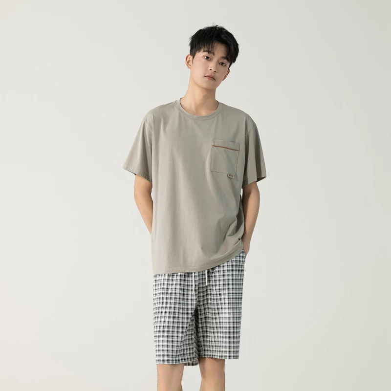 New Summer Pajamas Men's Plaid Short-sleeved Cropped Pants Pure Cotton Can Be Worn Outside Home Service Suit Casual Nightwear