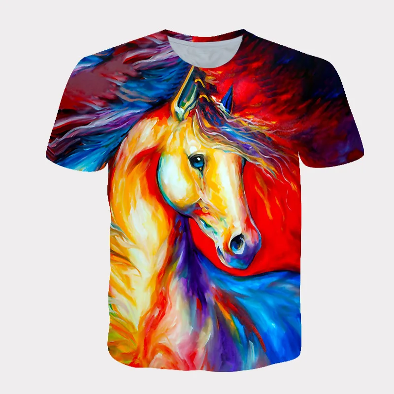 

T Shirt Men Loose Horse 3D Print Hip Hop Cool Short Sleeve Tops Deportivo Causal Summer Cothes O Collared Male Tshirt