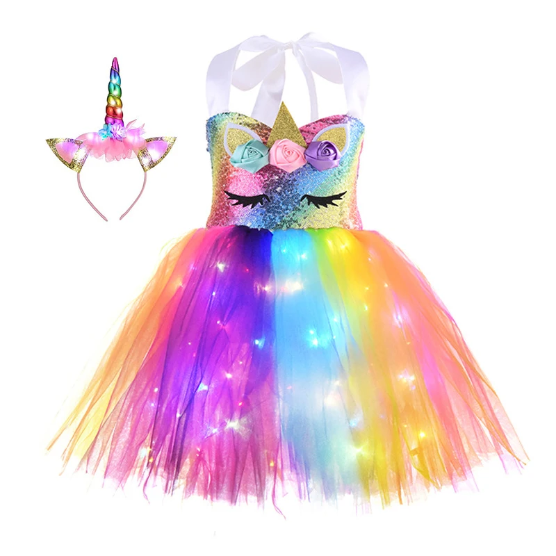 Girls Shiny Unicorn TUT Dress Glowing Kids Unicorn Dresses For Girls Hallowmas Party Princess Dress Children Clothing vestidos