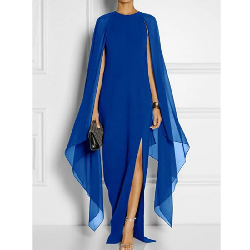 

Fashion Solid Color Slit Irregular Dress Mesh 2022 Long Sleeve Elegant Temperament O-neck Maxi Dress Retro Luxury Evening Dress