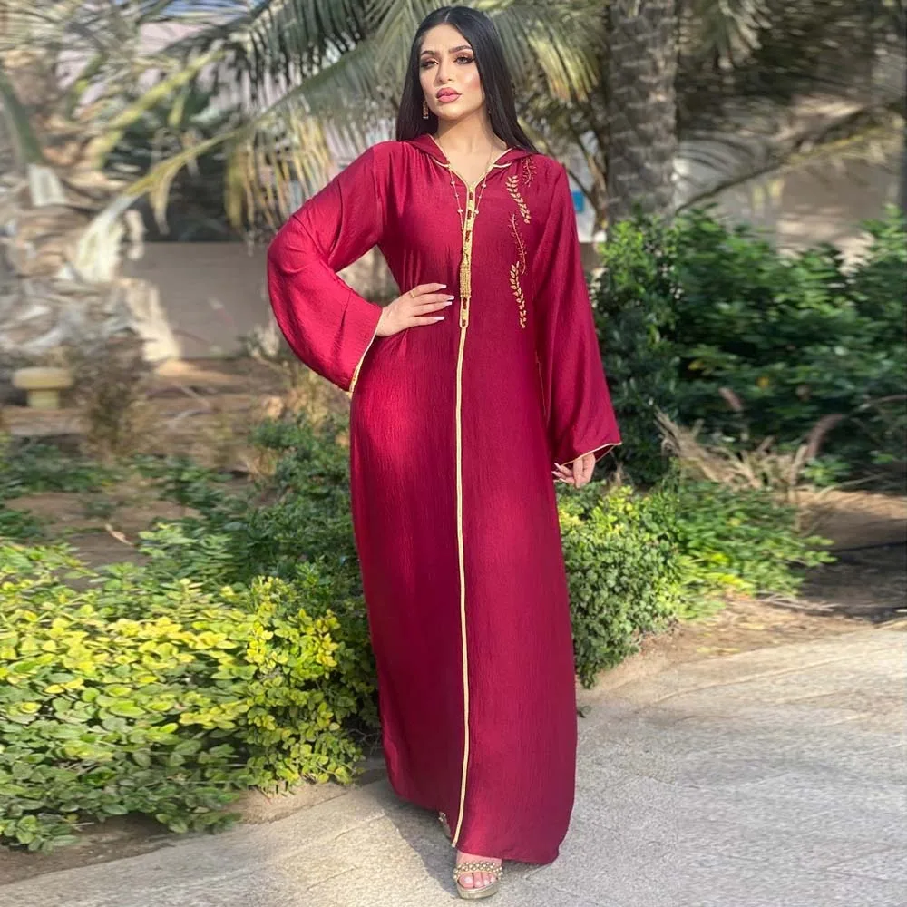 

Mid East Fashion Muslim Women Dress Casual Long Sleeve Pullover Embroidery Patchwork V-neck Spring Fall Dress For Ladies Solid
