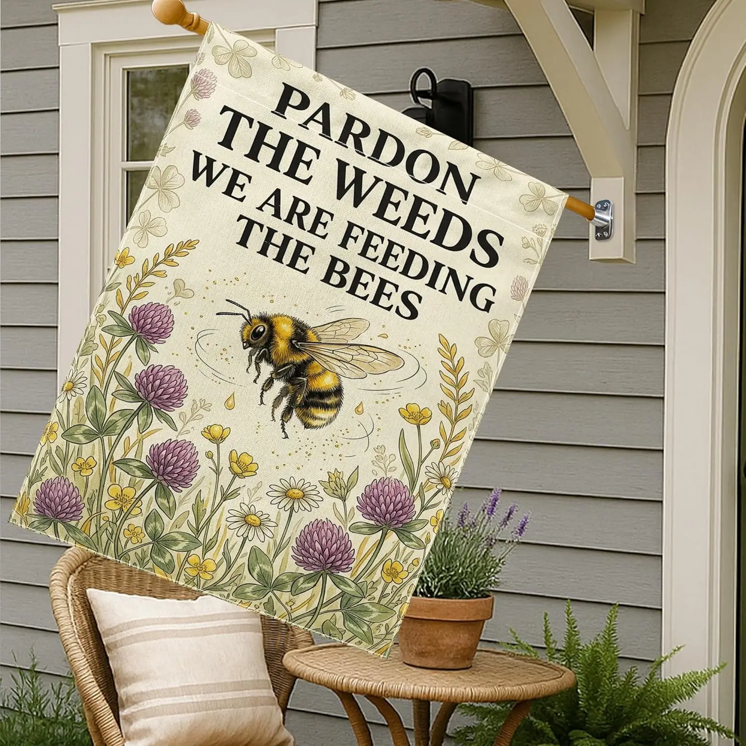 Фото Флаг для сада Bee House, двусторонний, с ботаническим узором из цветов и трав, весенний, желтый, из мешковины, большой, для улицы, AAM №2