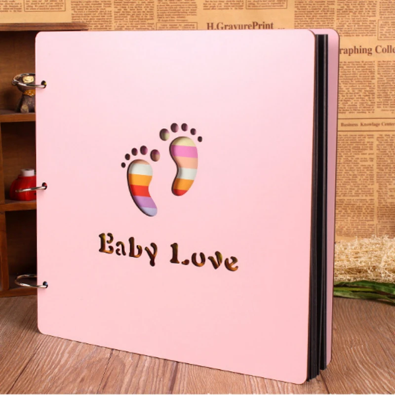 

DIY photo album baby memory book love cat footprint creative hand-paste style wooden cover 16 inch stickers page photobook